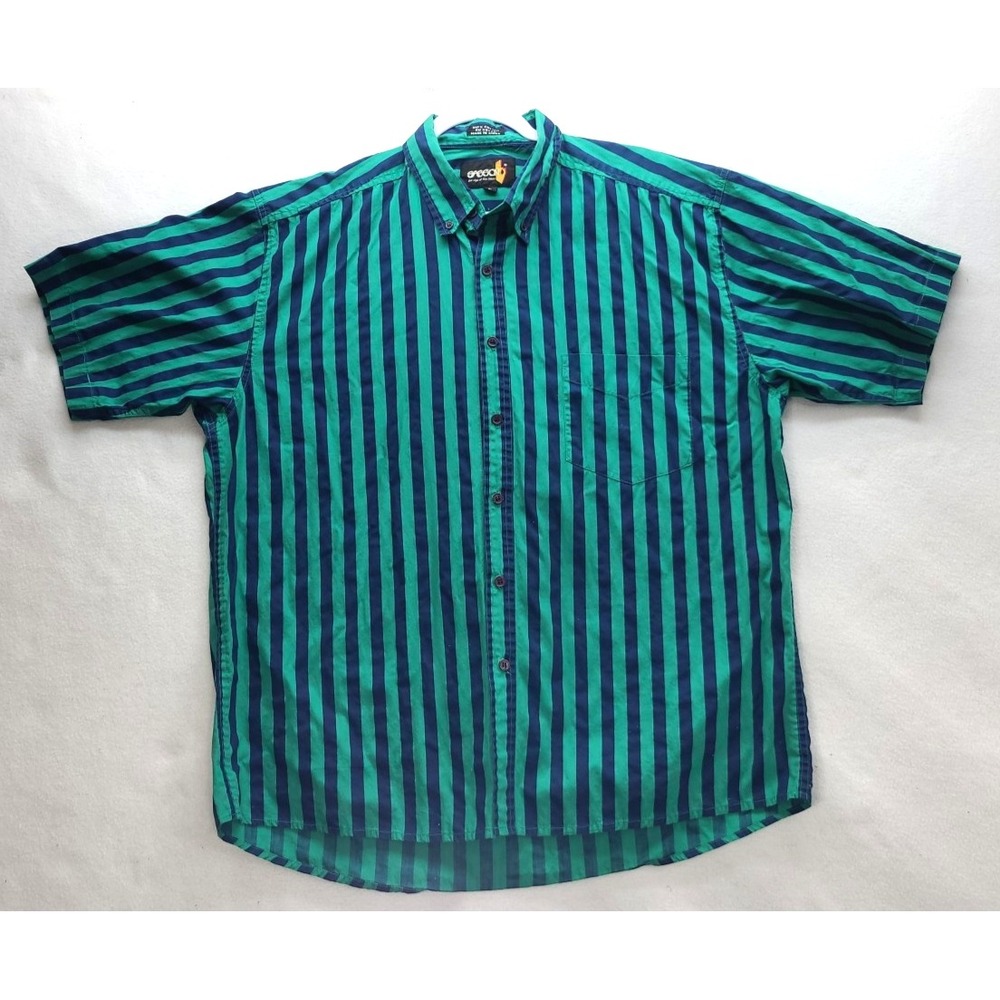 VTG 1980 Sasson Green Black Striped Short‎ Sleeve Button Up Shirt Sz L